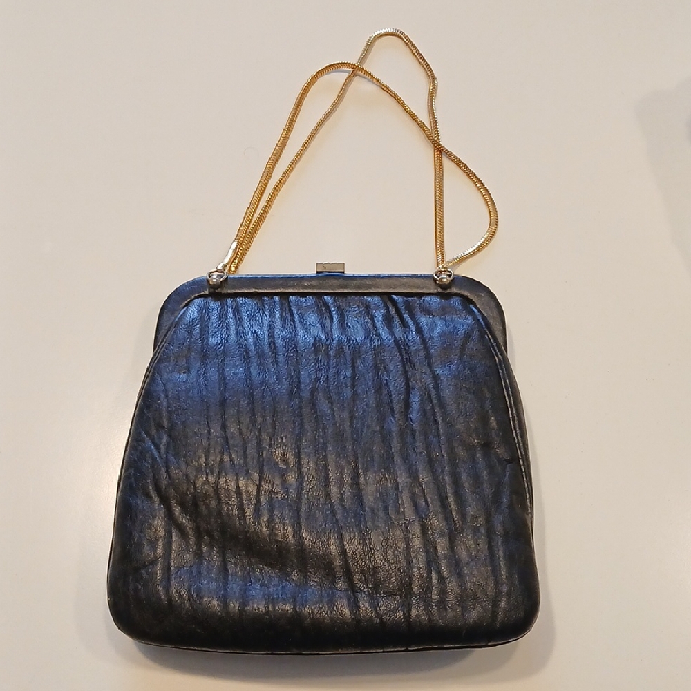 VINTAGE "Saks Fifth Avenue" Small Black Evening Bag With Gold Chain Handles.